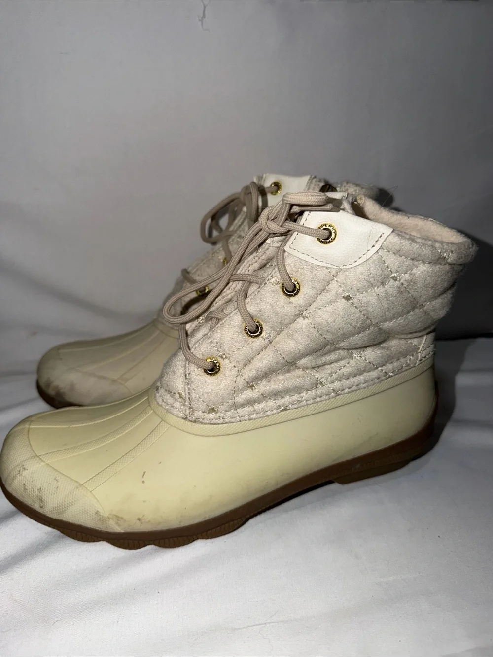 Sperry Boots Syren Gulf Wool Quilted Ivory Tan Zip Up Winter Shoes 8 Duck Boot